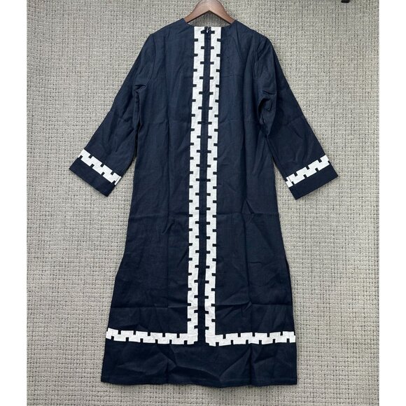 Tuckernuck Designer Dress Womens M Navy 3/4 Sleeve Linen Embroidered Hartman NWT - Picture 4 of 16